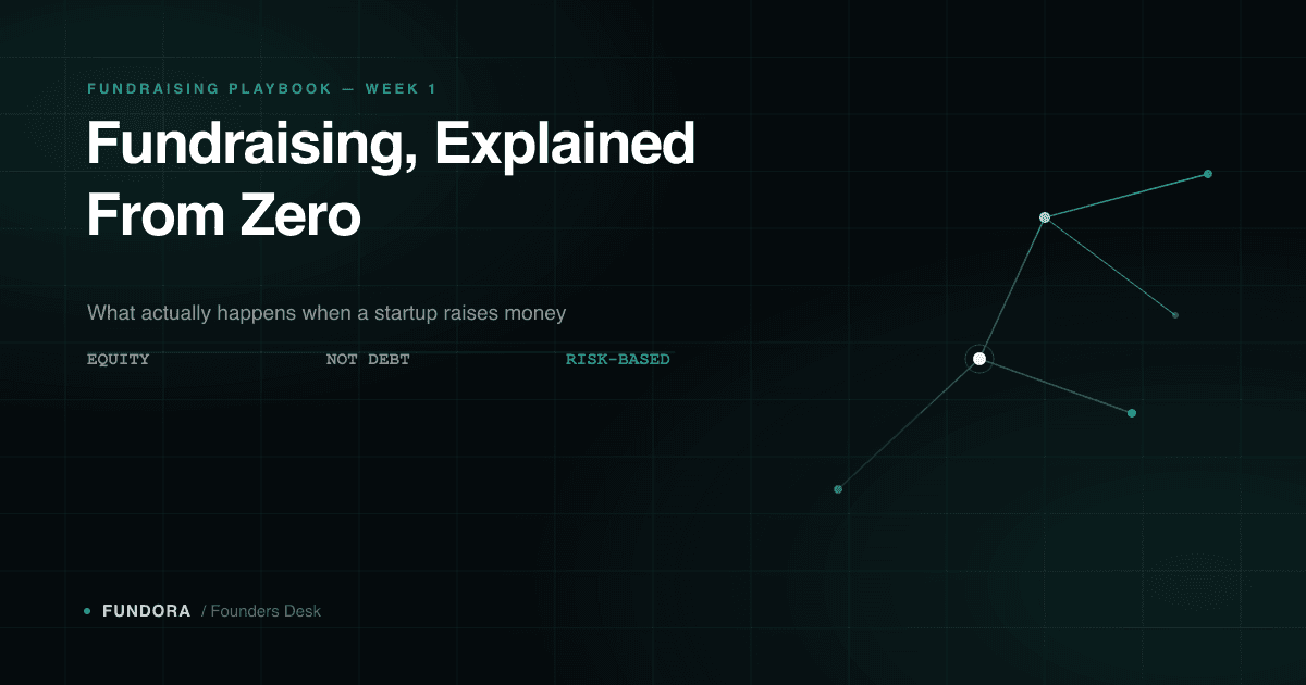 Dark teal Fundora graphic reading 'Fundraising, Explained From Zero' with a network motif, representing how startup fundraising works from first principles.