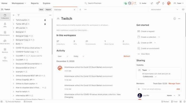 A view of Postman's API client interface, used for building, sending, and inspecting API requests.