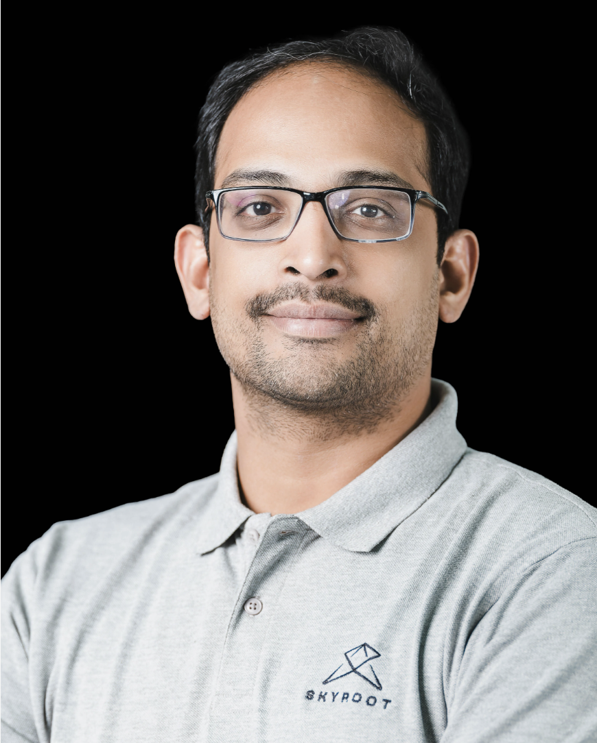 Naga Bharath Daka, co-founder and COO of Skyroot Aerospace, in a portrait photo wearing a Skyroot polo shirt.